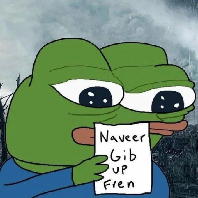 A sad Pepe the Frog meme crying while holding a handwritten note that reads 'Naveer Gib UP Fren'.