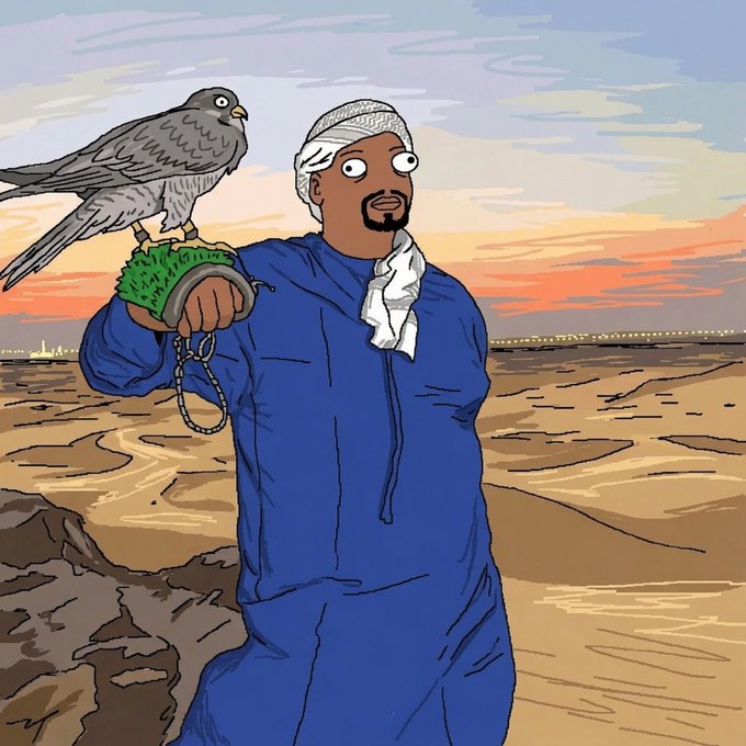An illustration of a man in traditional Arab clothing (white keffiyeh and blue robe) holding a falcon perched on a green glove, set against a desert landscape at sunset.