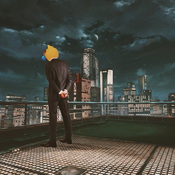 A figure in a black suit with a yellow rubber glove for a head stands on a rooftop, gazing out at a nighttime cityscape illuminated under a cloudy sky with a crescent moon.
