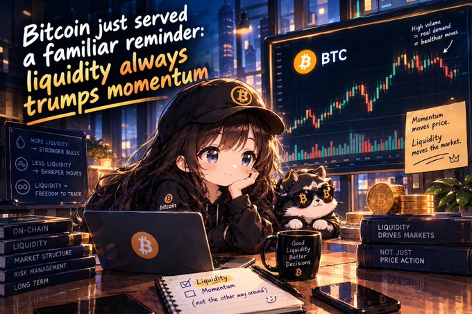 An anime-style graphic features a girl in a Bitcoin cap next to text reading 'Bitcoin just served a familiar reminder: liquidity always trumps momentum,' with charts and a notebook in the scene.