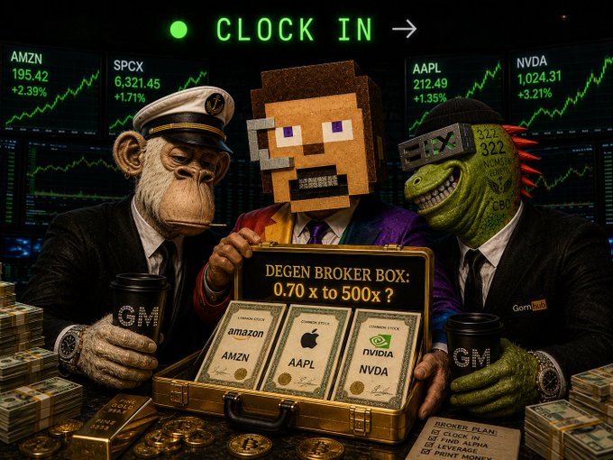 A satirical crypto/stock meme image showing three characters—a monkey in a captain's hat, a Minecraft-style Steve, and a Pepe-style figure with 'GS' and 'GCR' text—around a 'DEGEN BROKER BOX' displaying Amazon (AMZN), Apple (AAPL), and Nvidia (NVDA) certificates with their stock prices shown on screens above.