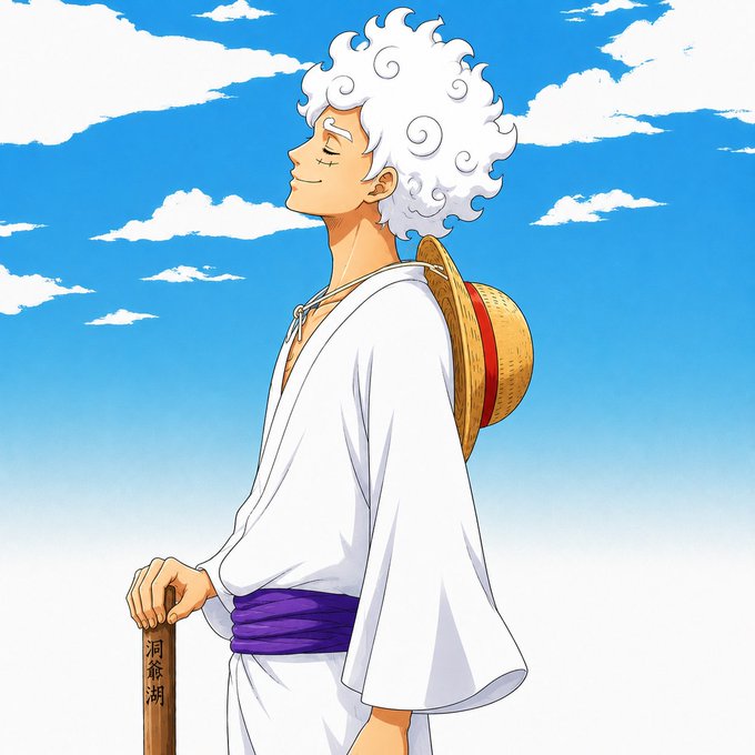An anime-style illustration of a character with curly white hair, wearing a white robe with a purple sash and a straw hat on their back, holding a staff with Japanese characters, set against a blue sky with clouds.