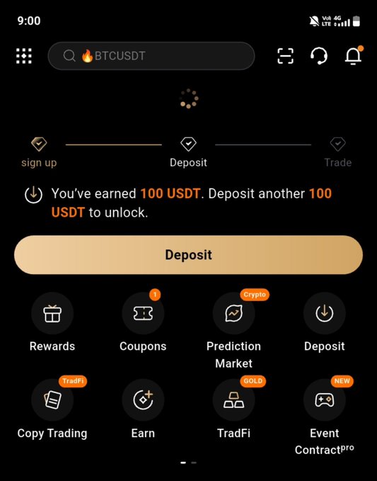 Mobile screenshot of a crypto trading app showing BTCUSDT selected, with a message 'You've earned 100 USDT. Deposit another 100 USDT to unlock' and a Deposit button.