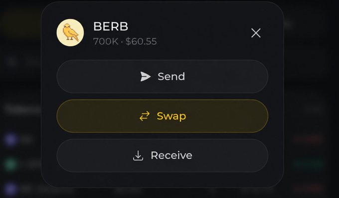 A cryptocurrency wallet interface showing a token called 'BERB' with 700K tokens valued at $60.55, offering options to Send, Swap, or Receive.