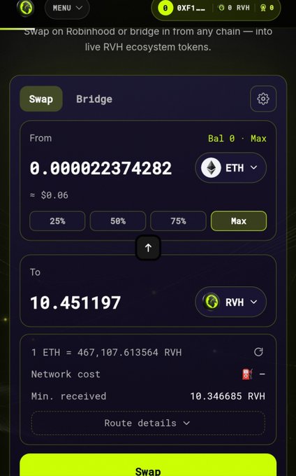 A cryptocurrency swap interface shows exchanging 0.000022374282 ETH for 10.451197 RVH at a rate of 1 ETH = 467,107.613564 RVH.