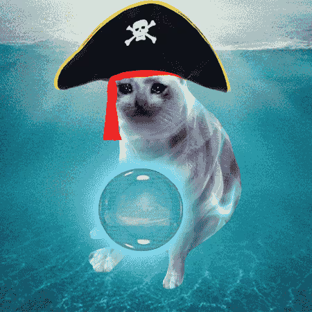 A cat dressed as a pirate wearing a skull-and-crossbones tricorne hat swims underwater toward a crystal ball, playfully visualizing a mystical forecast of an "all-time high" for the meme coin $CASHCAT. The whimsical, meme-style imagery reinforces the post's bullish prediction that the token is about to reach new highs.