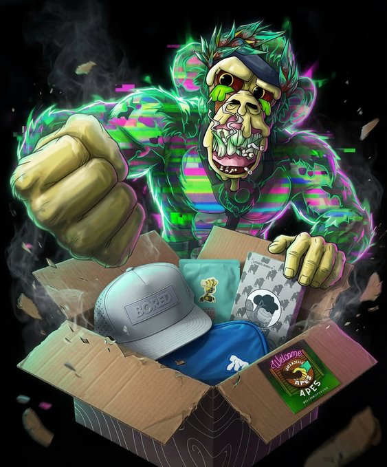A cartoonish, zombie-like ape character with glowing green and pink energy lunges forward above an open subscription box containing a cap labeled 'BORED', merchandise, and a tag reading 'Awesome APES'.