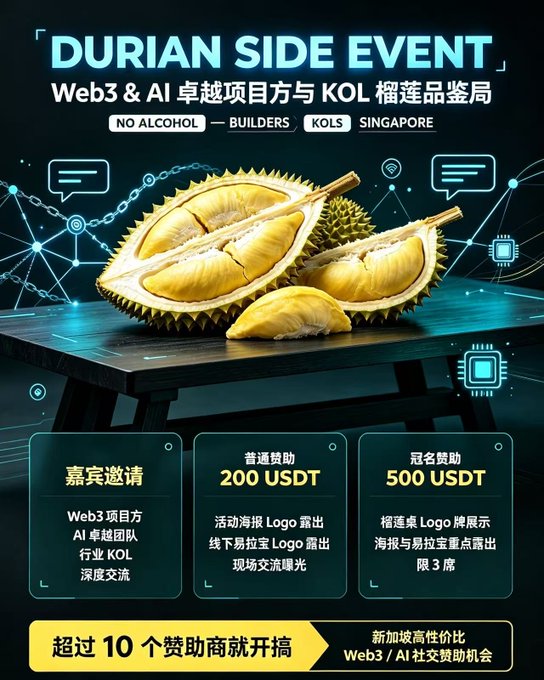 A promotional poster for a 'DURIAN SIDE EVENT' in Singapore featuring a split durian fruit, advertising a no-alcohol Web3 & AI gathering for builders and KOLs with sponsorship tiers at 200 USDT and 500 USDT.