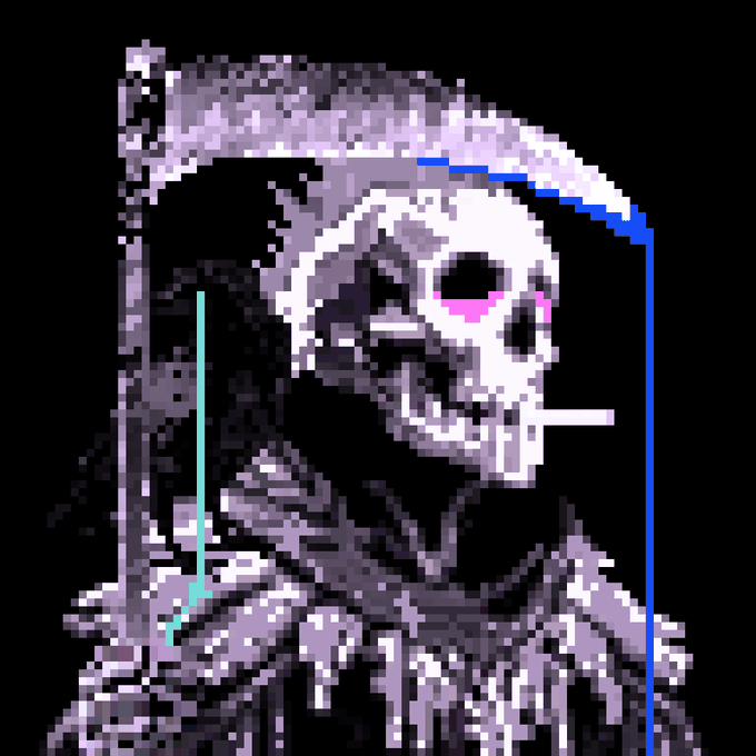 A pixel art illustration of a grim reaper figure wearing a hood and smoking a cigarette, rendered in dark purple and black tones with a pink eye glow.