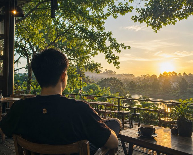 A person wearing a black shirt with a Bitcoin logo sits at a wooden table on a balcony, gazing at a scenic sunset over a river surrounded by lush trees, with a coffee cup on the table.