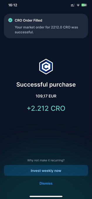 A mobile screenshot confirming a successful purchase of +2.212 CRO for 109.17 EUR via a market order, with an option to 'Invest weekly now'.