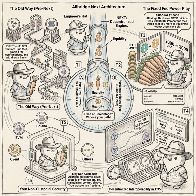 An infographic illustrating Allbridge Next's decentralized architecture, contrasting the high-fee, slow "Old Way" of CEX transfers with the new cross-chain platform offering fixed fees (e.g., "$0.0898") and direct interoperability between ecosystems like Tron, Solana, and EVM in under 3 seconds, while emphasizing non-custodial user security.