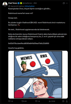A fake Robinhood announcement graphic shows the "MEMES" button being preferred over "RWA" with a Vlad Tenev meme face, illustrating the X post about how a hacked @vladtenev account promoted a fake $VLAD token, falsely claiming it was Robinhood's official chain mascot, which briefly pushed the token's market cap to $10.5M before being deleted.