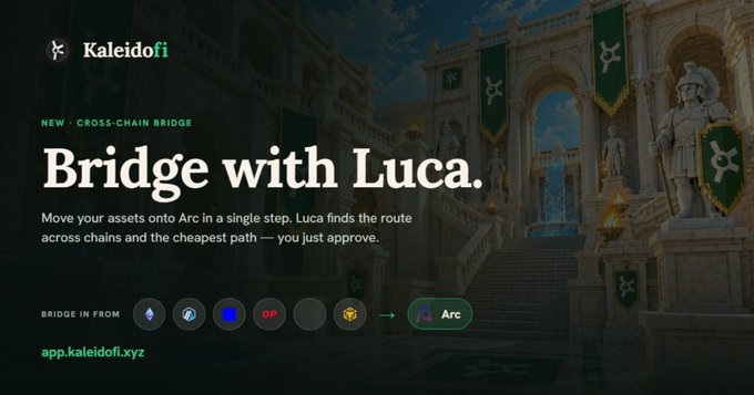 A promotional graphic for 'Kaleidofi' introducing 'Bridge with Luca,' a new cross-chain bridge service to move assets onto Arc, with app.kaleidofi.xyz displayed.