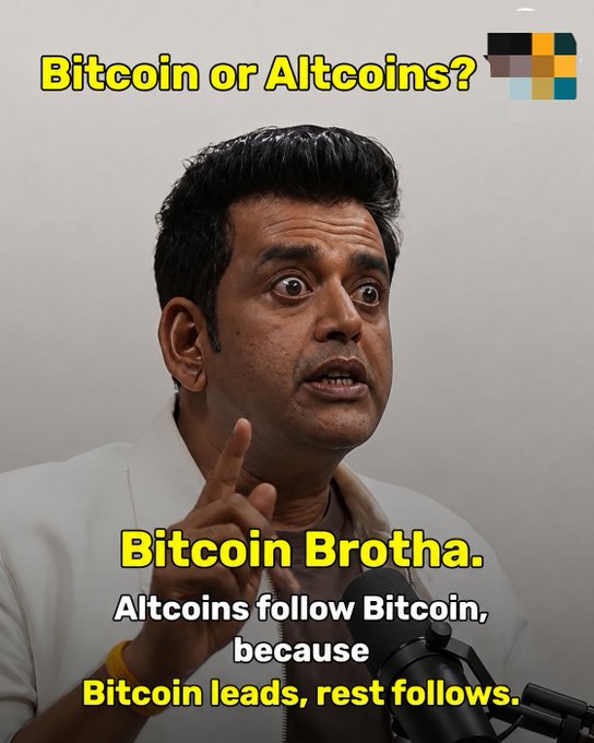 A meme-style image of a man speaking into a microphone with text reading 'Bitcoin or Altcoins?' at the top and 'Bitcoin Brotha. Altcoins follow Bitcoin, because Bitcoin leads, rest follows.' at the bottom.