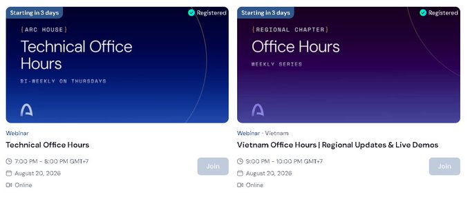 Two webinar event cards shown side by side: "Technical Office Hours" (ARC HOUSE, bi-weekly on Thursdays, 7:00 PM – 8:00 PM GMT+7, August 20, 2026) and "Vietnam Office Hours | Regional Updates & Live Demos" (REGIONAL CHAPTER, 9:00 PM – 10:00 PM GMT+7, August 20, 2026), both marked "Starting in 3 days" and "Registered".