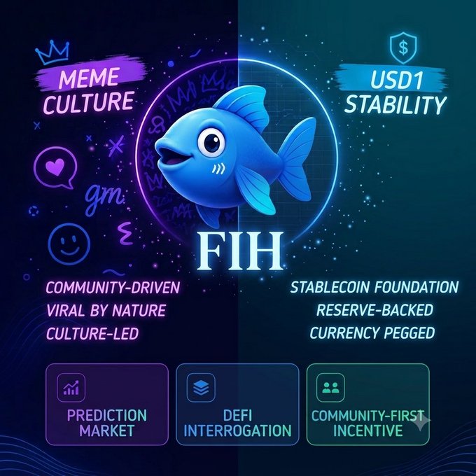 A promotional graphic for **FIH/USD1** featuring a cartoon blue fish at the center, split visually into two halves: the left side highlights "MEME CULTURE" (community-driven, viral, culture-led) with doodles like crowns, hearts, and "gm," while the right side emphasizes "USD1 STABILITY" (reserve-backed, currency pegged, stablecoin foundation). Below are three feature icons for Prediction Market, DeFi Interrogation, and Community-First Incentive, visually reinforcing the post's message of blending meme-driven community energy with stablecoin utility for lasting value.