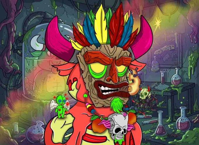 A colorful cartoon image of a demonic tiki-like character with glowing green eyes, horns, and a feathered headdress, holding items in a cluttered, slime-covered laboratory setting.