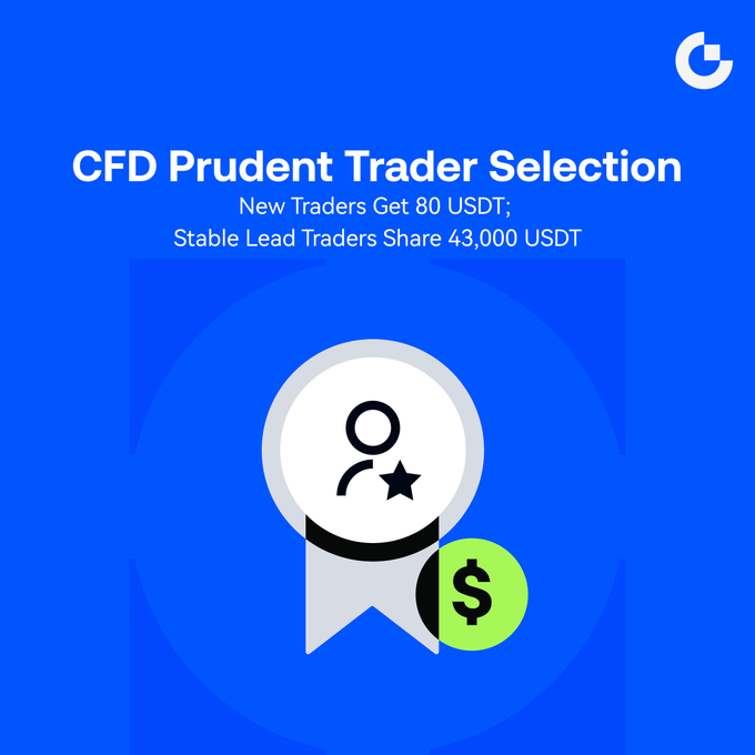 A blue promotional graphic for 'CFD Prudent Trader Selection' offering 'New Traders Get 80 USDT' and 'Stable Lead Traders Share 43,000 USDT', featuring a badge icon and a Google 'G' logo.