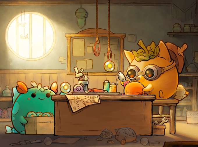 A whimsical workshop scene where a goggled orange creature hammers at a workbench while a green blob-like creature peers in, fitting the "Axie Vibeathon" theme of creative building and crafting.