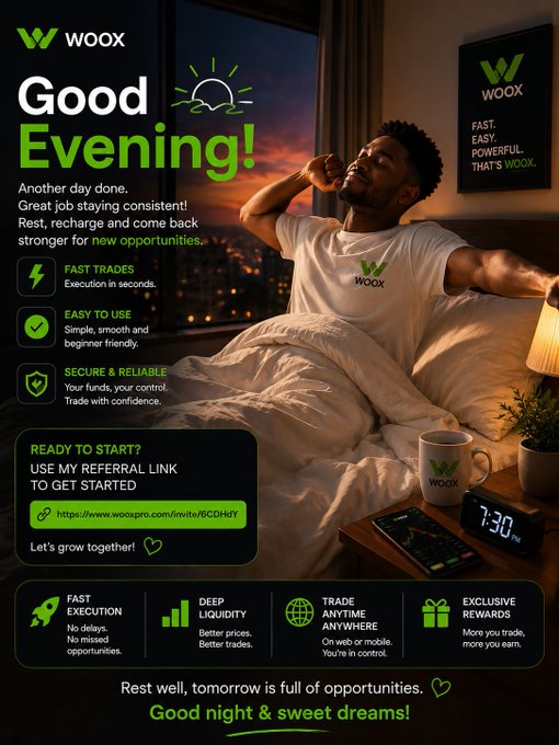 A promotional 'Good Evening!' graphic from WOOX featuring a man stretching in bed, advertising fast trades, easy use, secure & reliable features, and a referral link (https://www.woo-x.com/invite/6CDHdY).
