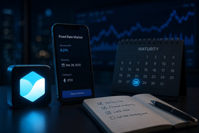 A dark, atmospheric scene of a "Fixed Rate Market" on a smartphone showing a Borrow APY of 8.21%, maturity of Dec 28, 2025, and ETH collateral, beside a glowing blue Morpho-style cube logo, a calendar marking the 28th, and a notebook checklist (Define risk, Choose maturity, Lock rate, Let the strategy work).