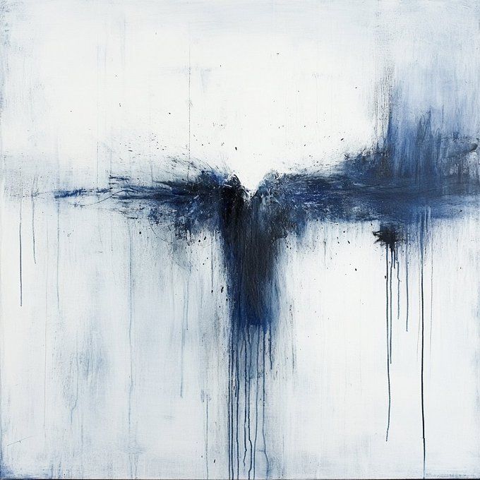 An abstract painting in shades of blue and white with dripping paint effects creating a cross-like shape in the center.