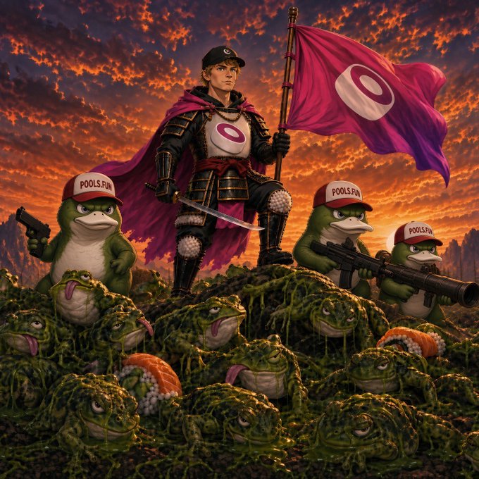 A samurai warrior stands triumphantly atop a mound of frogs wearing 'POOLS.FUN' caps, holding a pink flag with a target logo under a dramatic orange sky.