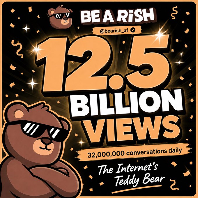 A promotional graphic for the viral meme IP "Bearish" (@bearish_af) features a cartoon bear wearing sunglasses and the bold text "BE A RISH," "12.5 BILLION VIEWS," "32,000,000 conversations daily," and the tagline "The Internet's Teddy Bear," celebrating the IP's massive reach on GIPHY and beyond.