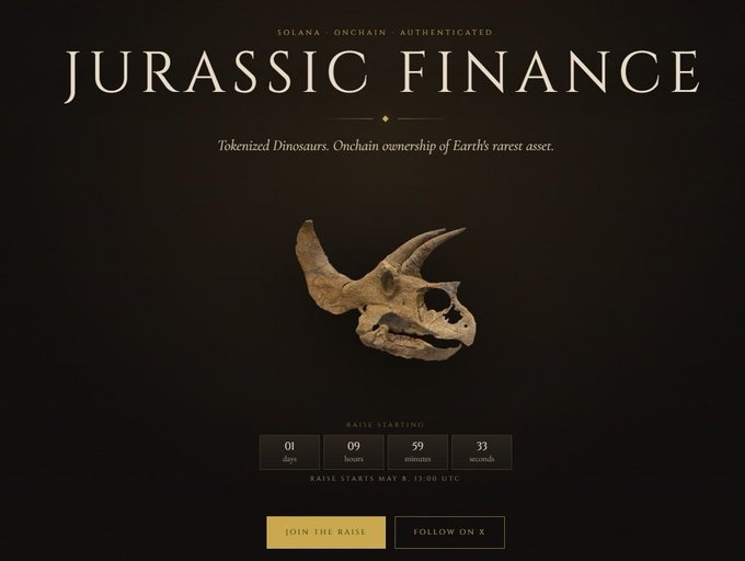 The image shows a promotional graphic for "Jurassic Finance" featuring a Triceratops skull with the tagline "Tokenized Dinosaurs. Onchain ownership of Earth's rarest asset," displaying a countdown timer with 1 day, 9 hours, 59 minutes, and 33 seconds remaining until the raise starts May 8, 11:00 UTC, alongside "JOIN THE RAISE" and "FOLLOW ON X" buttons. The graphic relates to the accompanying post, which highlights the Triceratops-themed token as a successful 3x investment, noting its MetaDAO sale price of $0.02 has now reached $0.06, matching its all-time high.