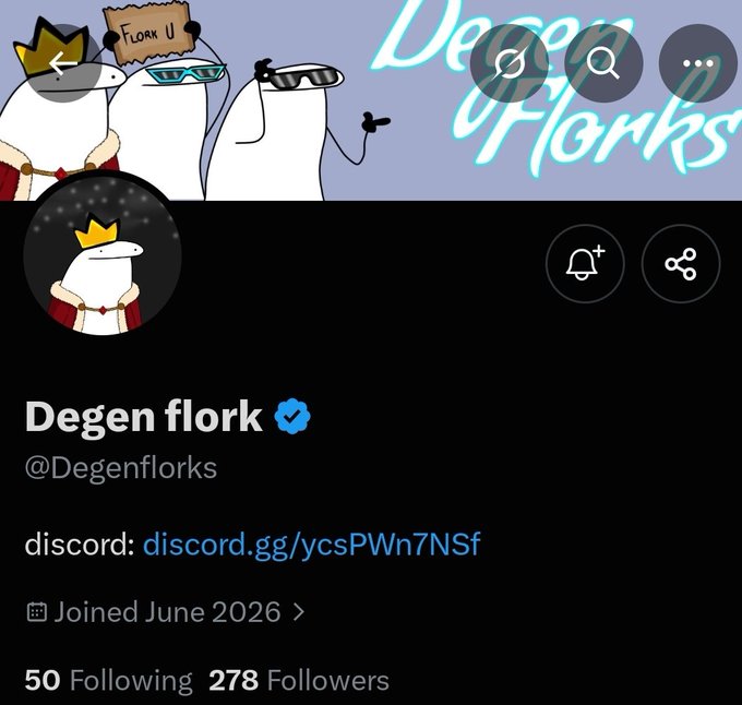A Twitter/X profile screenshot for the verified account 'Degen flork' (@Degenflorks), showing cartoon ghost characters in the banner, a discord link (discord.gg/ycsPWn7NSf), a join date of June 2026, and 50 following/278 followers.