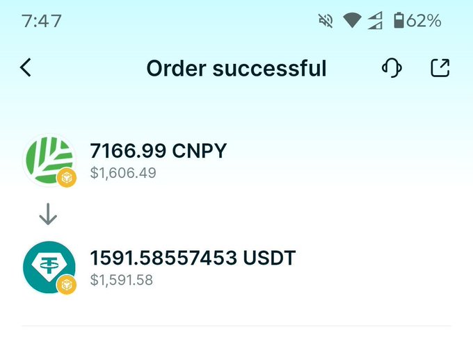 A mobile app screenshot showing a successful cryptocurrency exchange order converting 7166.99 CNPY to 1591.58 USDT.