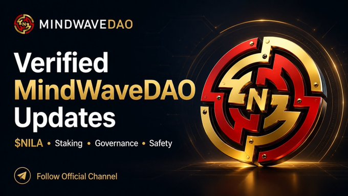 A promotional graphic for 'MINDWAVE DAO' with the text 'Verified MindWaveDAO Updates', '$NILA • Staking • Governance • Safety', and 'Follow Official Channel', featuring a large red and gold 3D logo on a dark background.