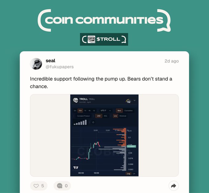 In the image, a social media post features a graphic with a price chart of a cryptocurrency called Trolling. The price tag reads $TROLL. There's also a small text box that reads "The читание номера лист". This text seems to be related to the post, possibly discussing the current value of the cryptocurrency or the performance of the Trolling asset. The post has been reposted on a social media platform where it was created by a person named Seal.