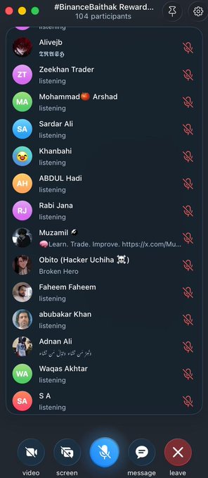 A screenshot of a Binance voice call titled '#BinanceBaithak Reward...' with 104 participants listening, including names like Alivejb, Zeekhan Trader, Mohammad❤️Arshad, Sardar Ali, Khanbahi, ABDUL Hadi, Rabi Jana, Muzamil, Obito (Hacker Uchiha), Faheem Faheem, abubakar Khan, Adnan Ali, Waqas Akhtar, and S A.