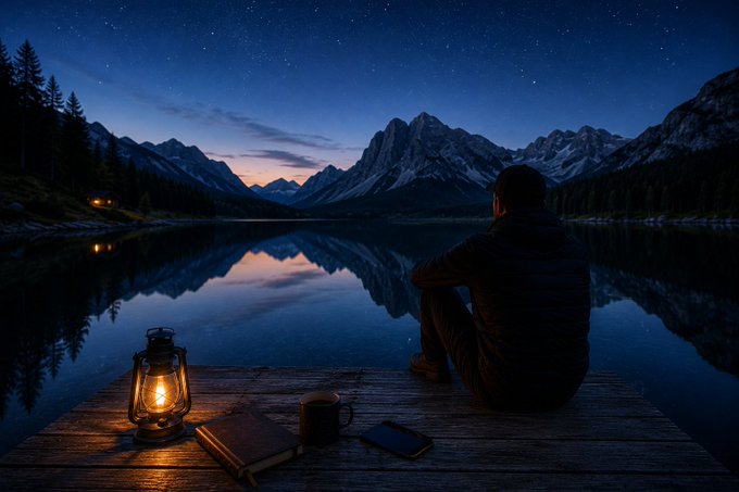 A nighttime photograph of a person sitting on a wooden dock by a calm lake, looking at snow-capped mountains under a starry sky, with a glowing lantern, a book, a coffee mug, and a phone beside them.