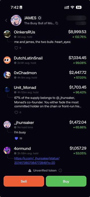 A screenshot from a mobile crypto wallet app (likely Bullx) showing a token called 'JAMES' with a holder list including top positions held by @OinkersRus, @DutchLatinSnail, and @0xChadmon, with various percentage gains and Sell/Buy buttons at the bottom.