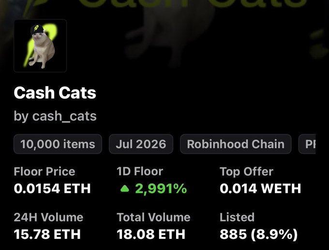 The image shows an NFT collection listing for "Cash Cats" by cash_cats on Robinhood Chain, featuring 10,000 items with a floor price of 0.0154 ETH and a notable 1D floor increase of 2,991%. The post celebrates the rising floor price, playing on the "Robinhood" branding with the phrase "MAY THE HOOD BE WITH YOU!" to highlight the collection's momentum.