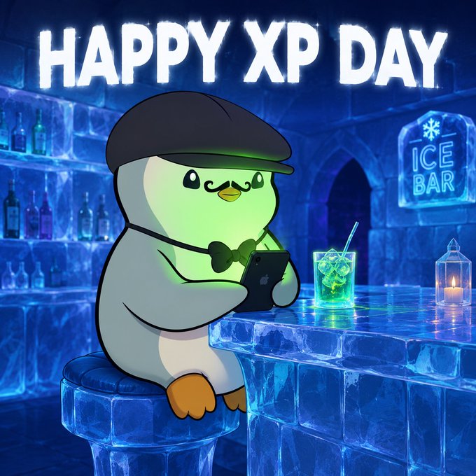 The image features a cartoon penguin sitting at a bar, holding a cell phone and looking at its screen. The background shows an ice hotel with various bottles displayed throughout the scene. The text "Happy XP Day" is written above the penguin's head, indicating that it is a special day for the penguin.
