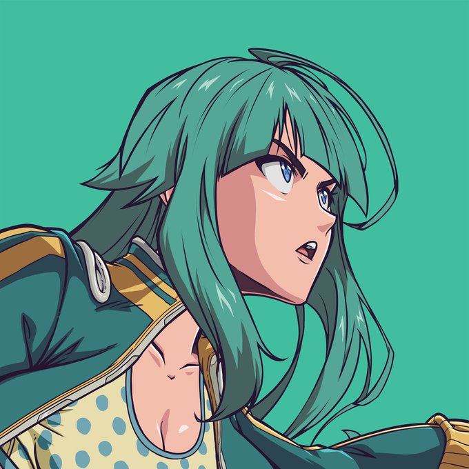 An anime-style illustration of a character with teal hair and blue eyes, wearing a green and gold outfit, set against a teal background.