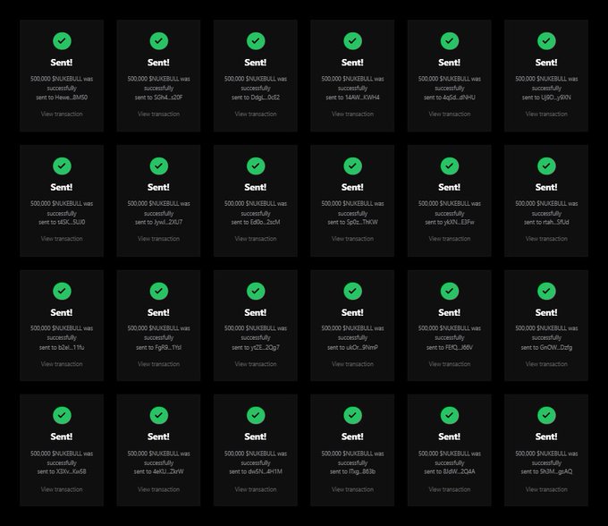 A screenshot showing a grid of 24 'Sent!' notifications, each indicating 500,000 SNKRBULL was successfully sent to various blockchain addresses.