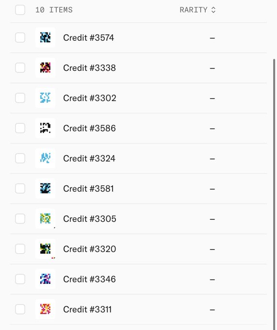 A digital inventory list displaying 10 items labeled 'Credit #' followed by various 4-digit numbers (3574, 3338, 3302, 3586, 3324, 3581, 3305, 3320, 3346, 3311), each with a small pixelated icon and a rarity column showing dashes.