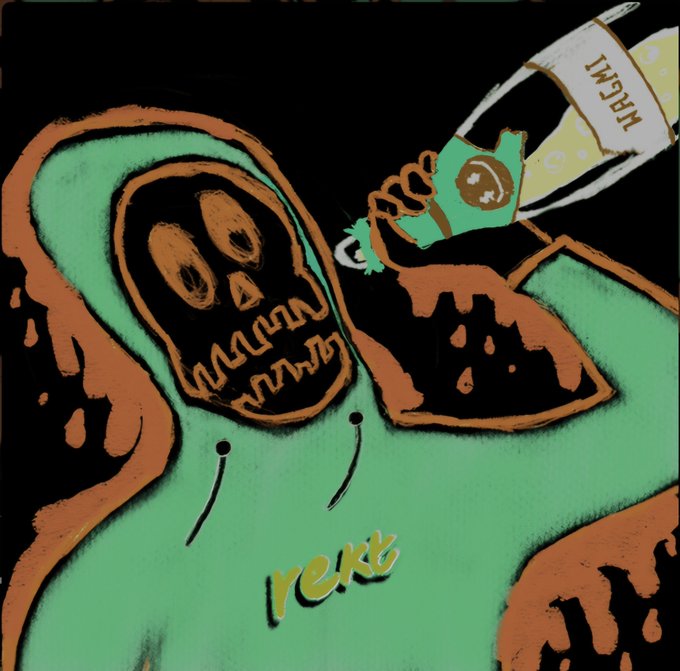 A stylized illustration depicts a green skeletal figure in a hooded robe drinking from a bottle labeled 'MRGN', with the word 'rekt' written in yellow text on its chest.