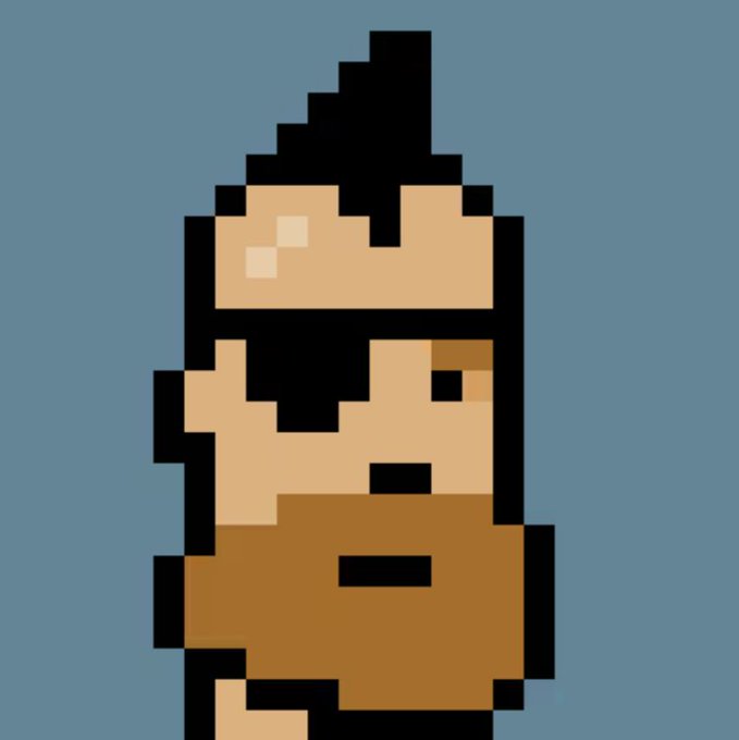 A pixel art illustration depicting a man with spiky black hair and a beard holding a brown object against a blue background.