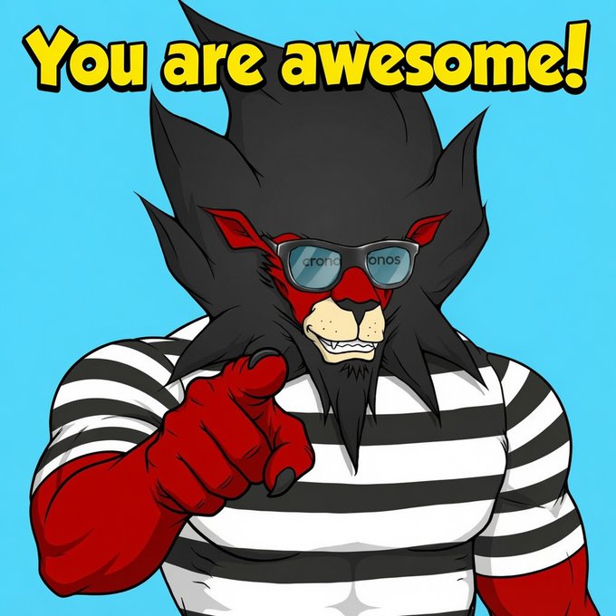 A cartoon red wolf or devil character wearing sunglasses and a black and white striped shirt points at the viewer with the text 'You are awesome!' displayed at the top.