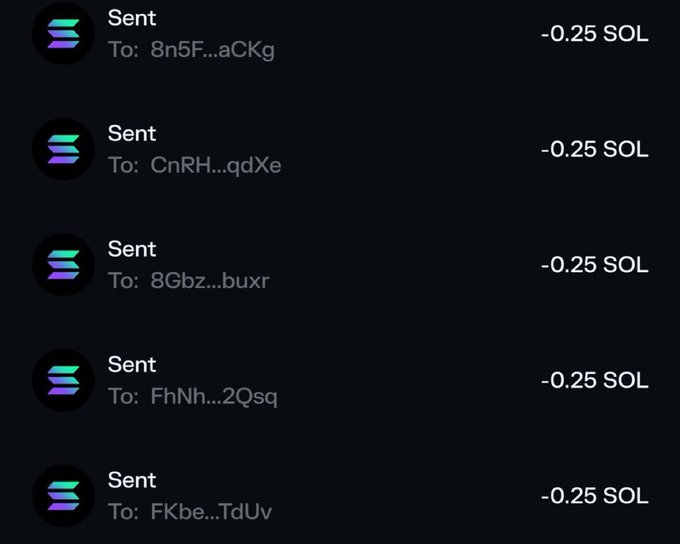 A dark interface showing five sent transactions of -0.25 SOL each to various recipient addresses.