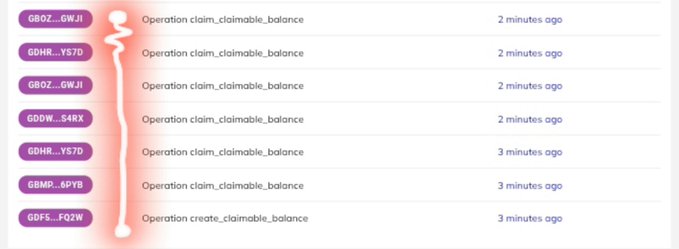 A list of recent claim_claimable_balance operations from various wallets including GB0Z2GWJI, GDHRY5T7D, GDOWS4RX, GBMP6PYB, and GDFSFQ2W, all occurring within the past 2-3 minutes, illustrating the active migration activity referenced in the post. The image highlights the ongoing blockchain activity and claimable balance operations happening in real-time, underscoring the post's point about the migration engine running while the author's own second migration remains pending.