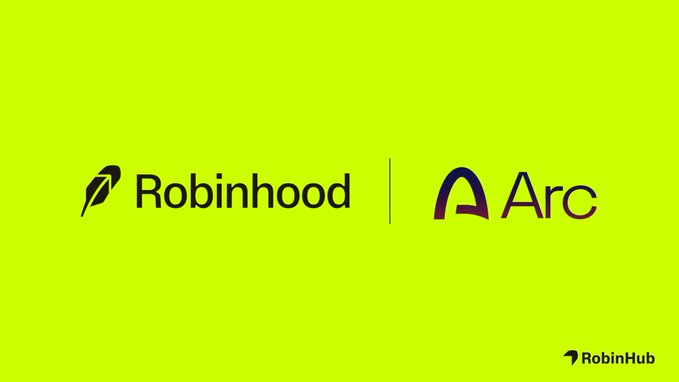 The image displays the Robinhood and Arc logos side by side on a bright green background, with a "RobinHub" watermark in the bottom right corner. This visually represents Robinhood's announcement of upcoming USDC deposit and withdrawal support for Arc, an L1 blockchain built by Circle.