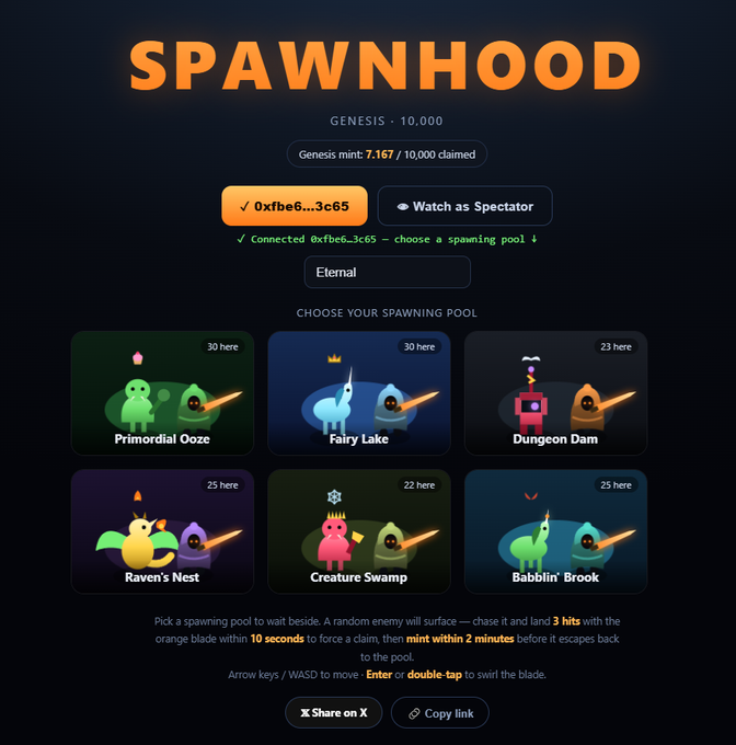 A screenshot of the Spawnhood website displaying a "GENESIS · 10,000" mint page with 7,167/10,000 already claimed, connected to wallet 0xfbe6...3c65, offering six spawning pools (Primordial Ooze, Fairy Lake, Dungeon Dam, Raven's Nest, Creature Swamp, Babblin' Brook, and Eternal) with player counts ranging from 22-30, where users can play a fighting game to mint NFTs for free.