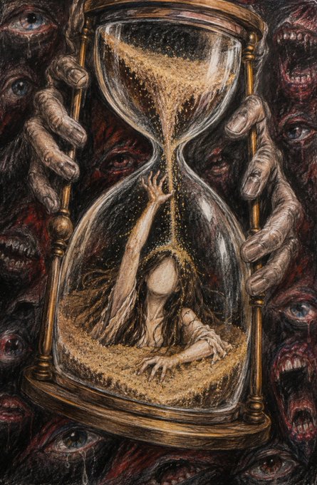 A surreal, macabre illustration shows an hourglass held by two skeletal hands, with sand pouring onto a faceless, long-haired figure trapped inside, while the background swarms with countless grotesque, screaming faces and eyes. The accompanying post on objkt.com references the NFT "TIME 1/1 288" by @FlyingBeagle, minted on the Tezos blockchain (ticker $XTZ), and the caption's meditation on time's relentless, invisible march mirrors the image's haunting depiction of existence being inexorably consumed and surrounded by the suffocating weight of countless moments and unseen observers.